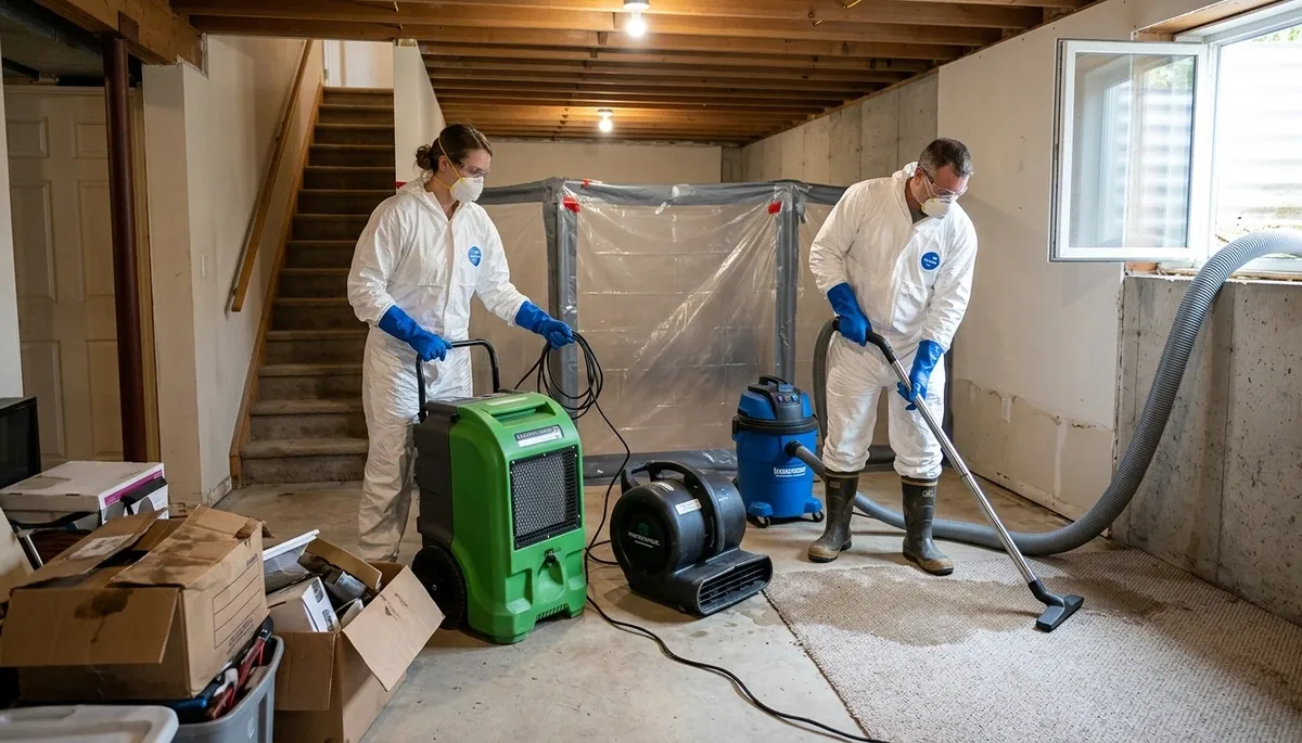 Basement flood cleanup crew in Akron, OH removing water after storm damage