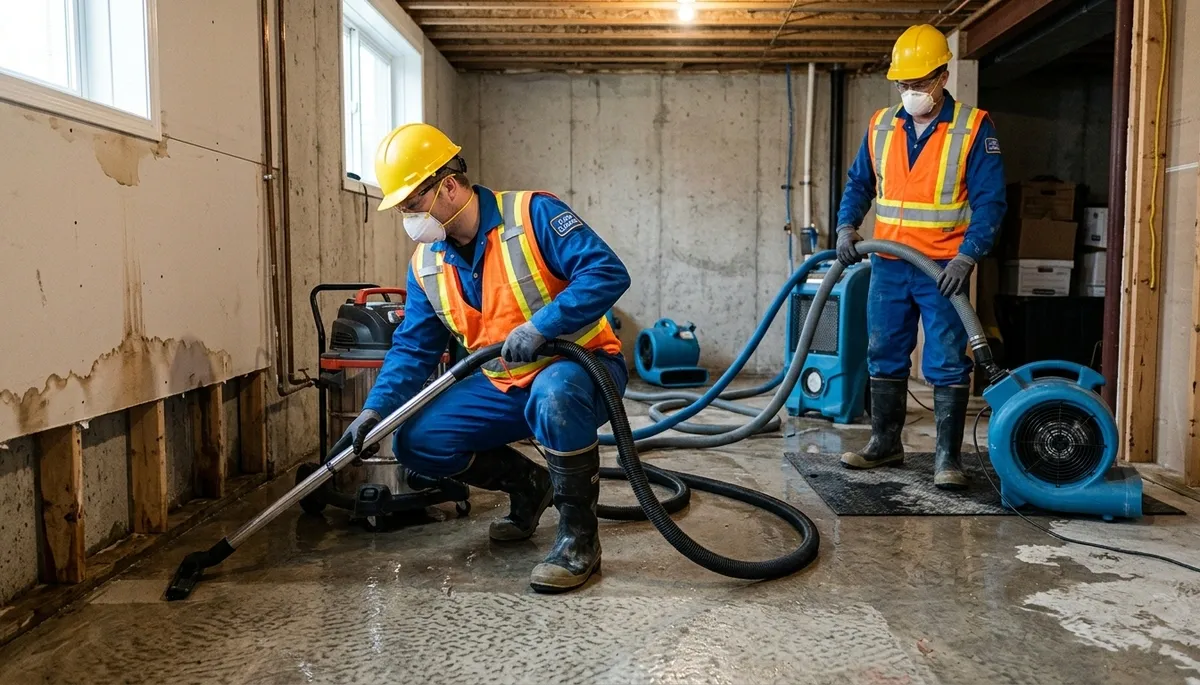 Basement flood cleanup crew in Akron, OH removing water from a flooded basement area