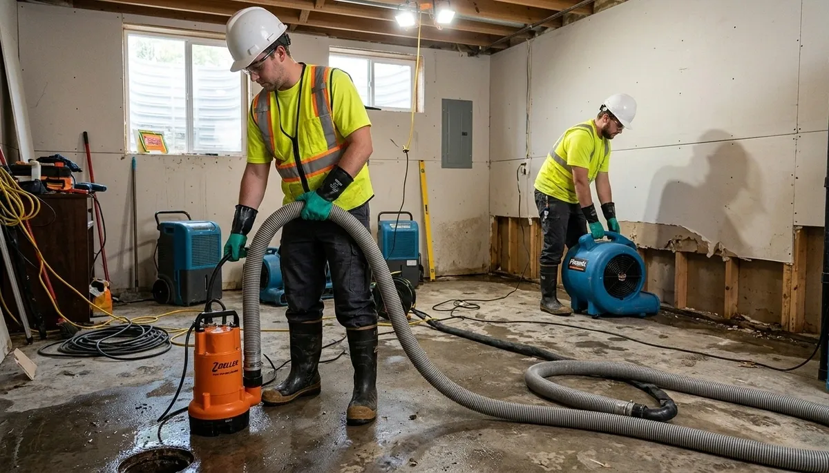 Basement flood cleanup crew in Akron, OH removing water damage from a flooded home basement