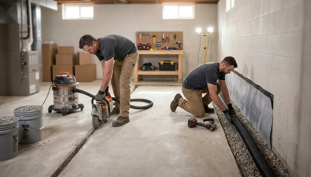Akron, OH basement waterproofing crew repairing a wet foundation and preventing water damage