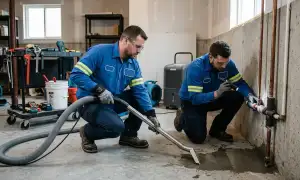 Akron, OH technicians cleaning water damage after a burst pipe in a home