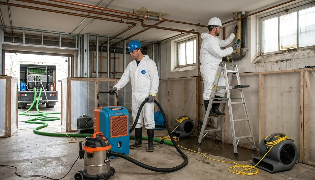 Akron, OH water damage crew cleaning up burst pipe water in a home, restoring damaged flooring