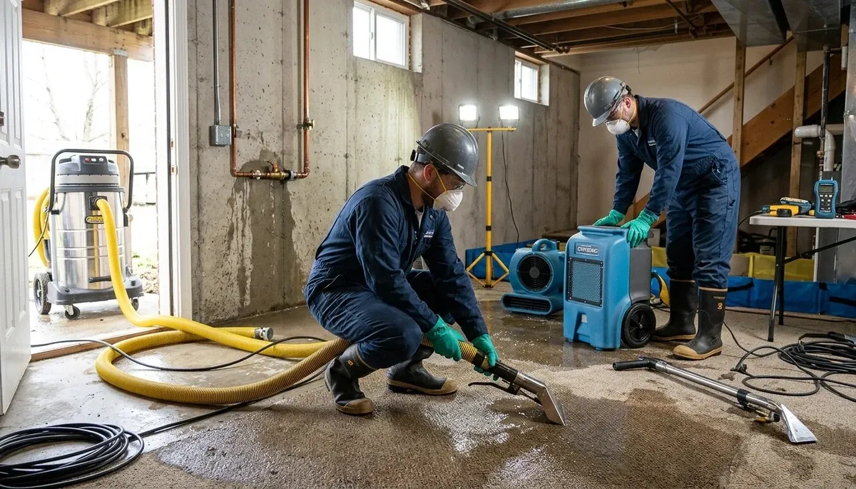 Akron, OH water damage crew removing burst pipe water from a home with extraction equipment