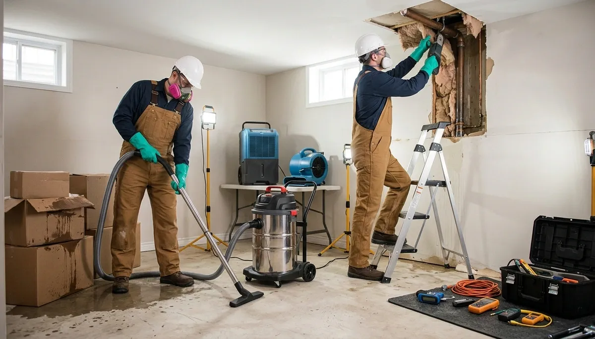 Akron, OH water-damage crew cleaning up a burst pipe leak in a home after freeze damage