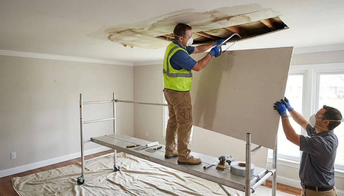 Akron, OH water damage team repairing a ceiling stain and sagging drywall in a home