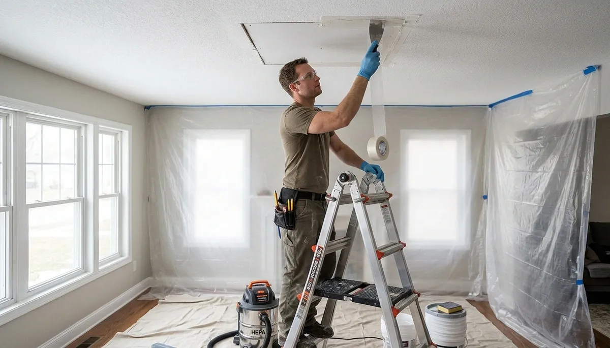 Akron, OH water-damage technician repairing a home ceiling with moisture stains and sagging drywall