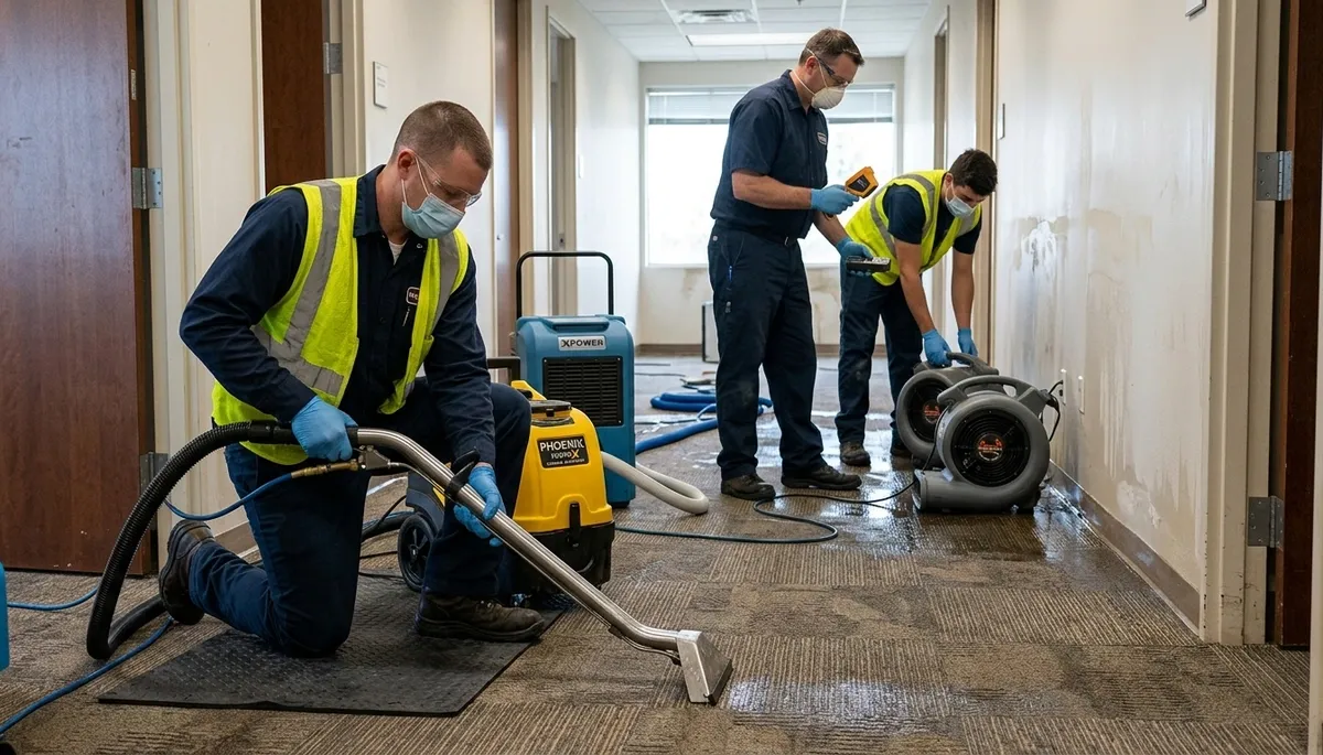 Commercial water damage restoration team in Akron, OH inspecting flood damage and drying equipment