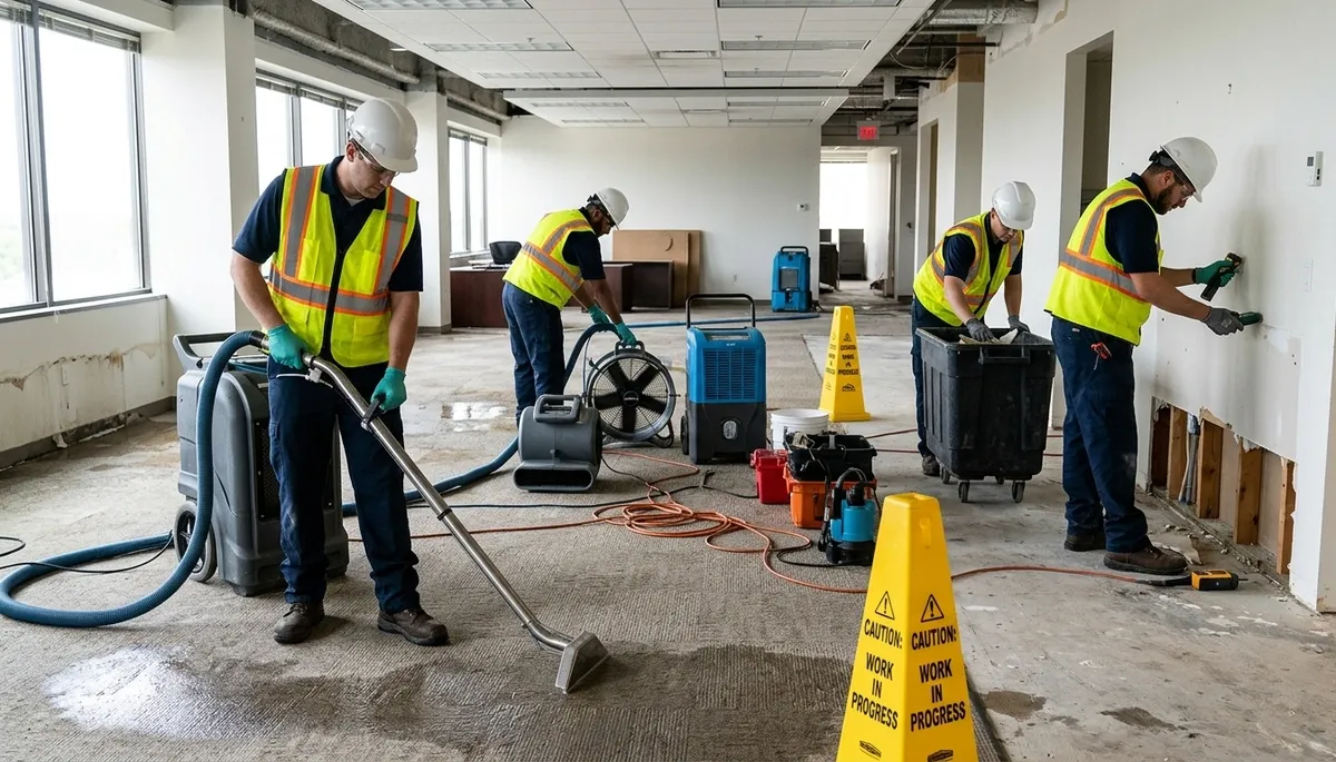 Commercial water damage restoration crew in Akron, OH drying a flooded business interior