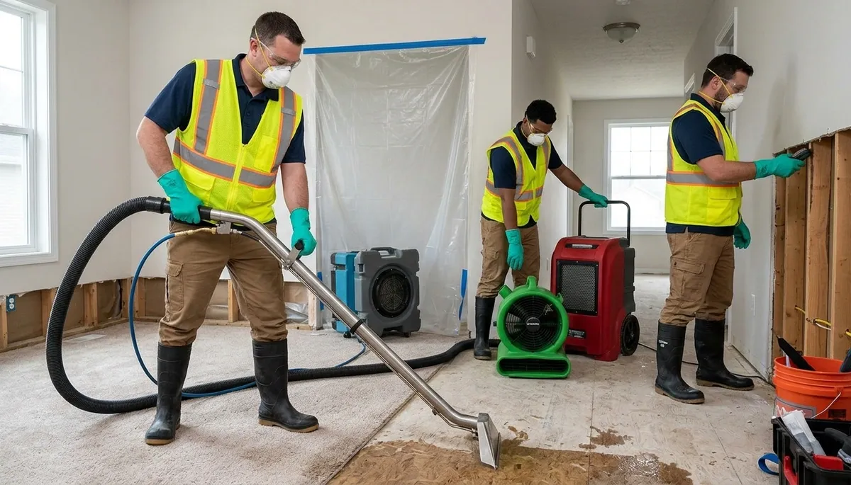Flood damage cleanup crew serving Akron, OH homes with 24/7 water extraction and drying