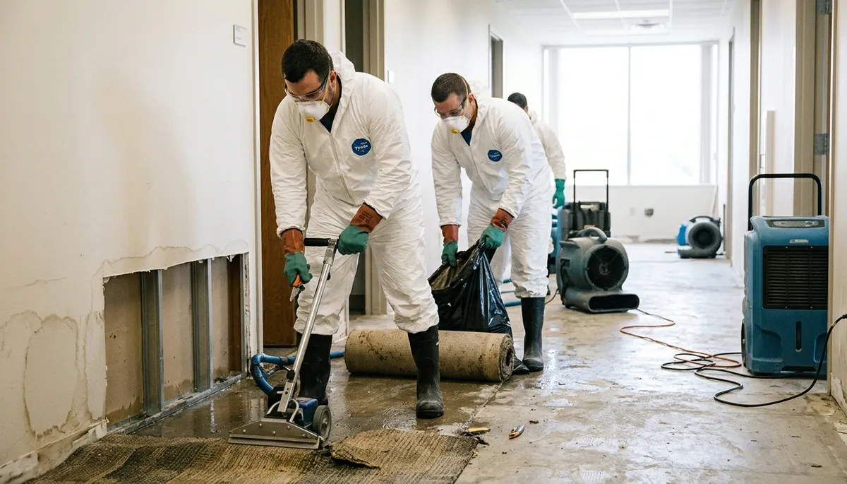 Akron, OH water damage cleanup team restoring a flooded home after heavy rain