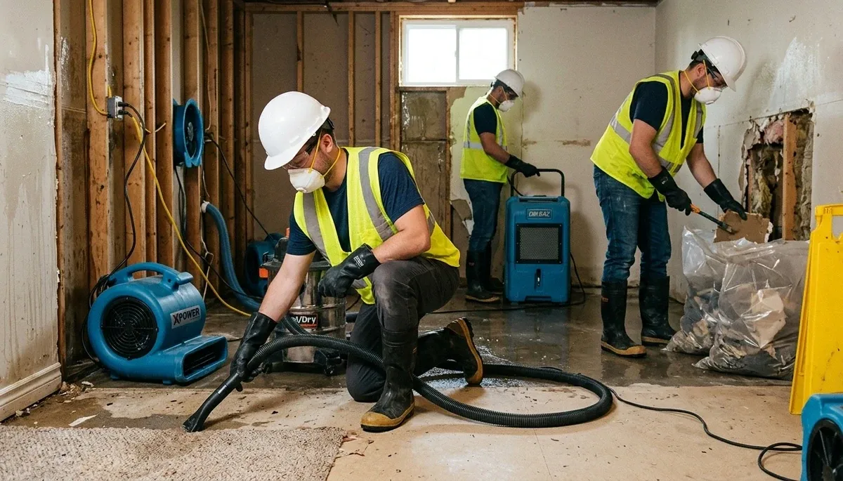 Water damage cleanup team in Akron, OH removing floodwater from a home safely