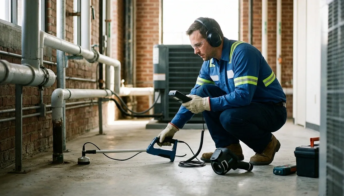 Leak detection technician inspecting Akron, OH home for hidden water damage and leaks