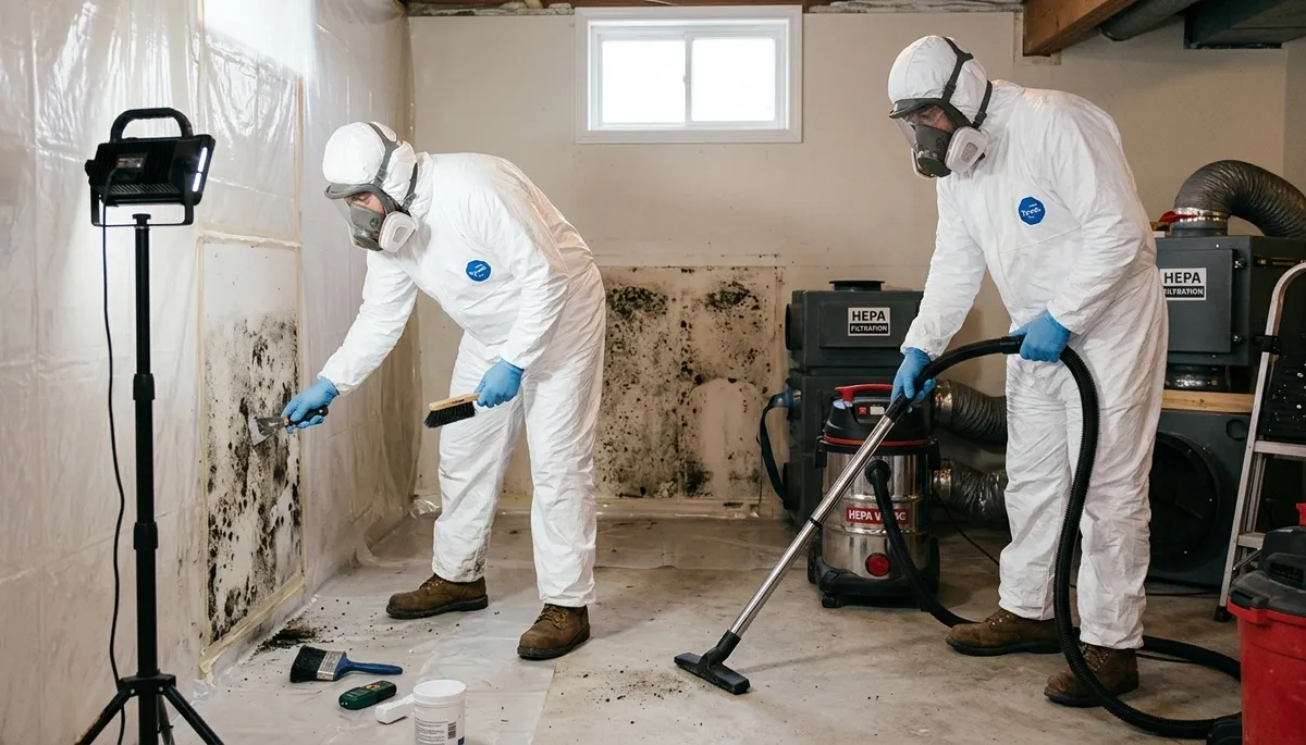 Mold removal technician inspecting water damage in Akron, OH home