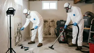 Mold removal technician inspecting water damage in Akron, OH home