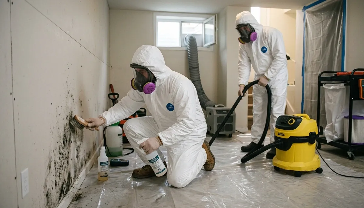 Mold removal technician inspecting water damage in Akron, OH home