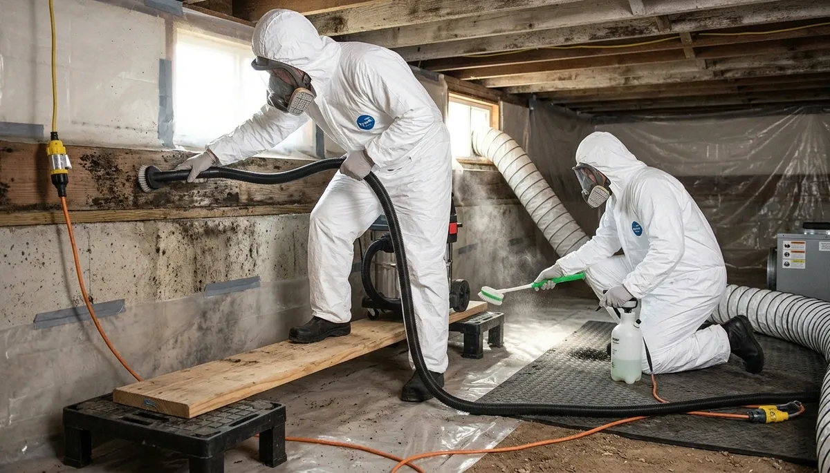 Mold removal technician inspecting water damage in Akron, OH home