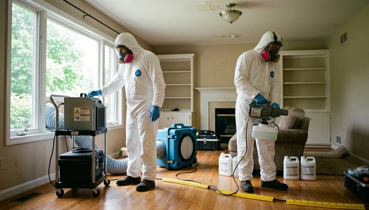 Akron, OH water damage odor removal technician assessing moisture-caused smells in a home