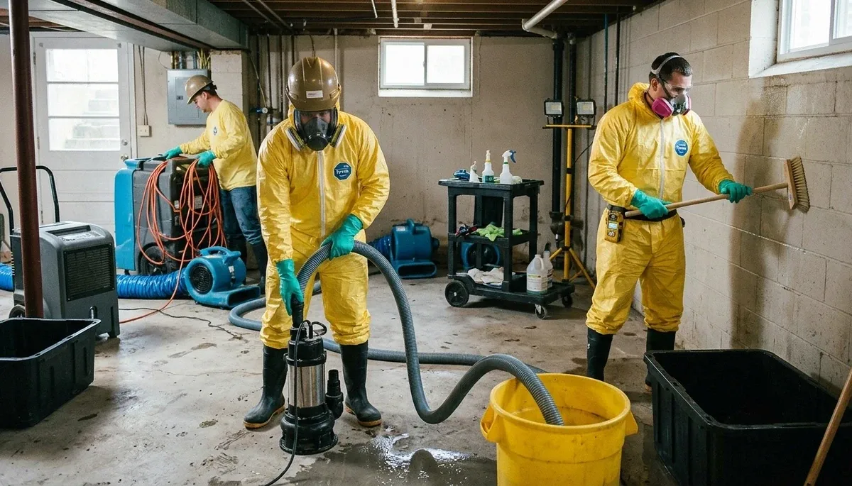Sewage cleanup team restoring Akron, OH home after sewage backup and water damage