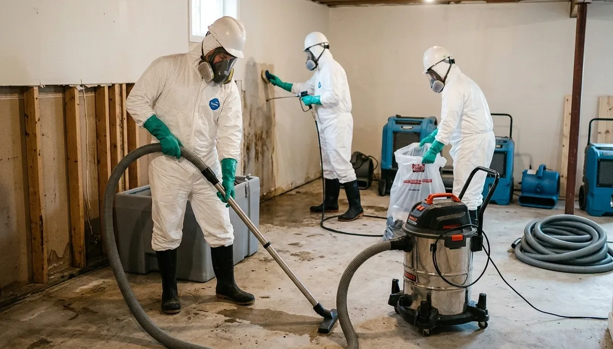 Sewage cleanup team restoring Akron, OH home after backup with water damage remediation equipment