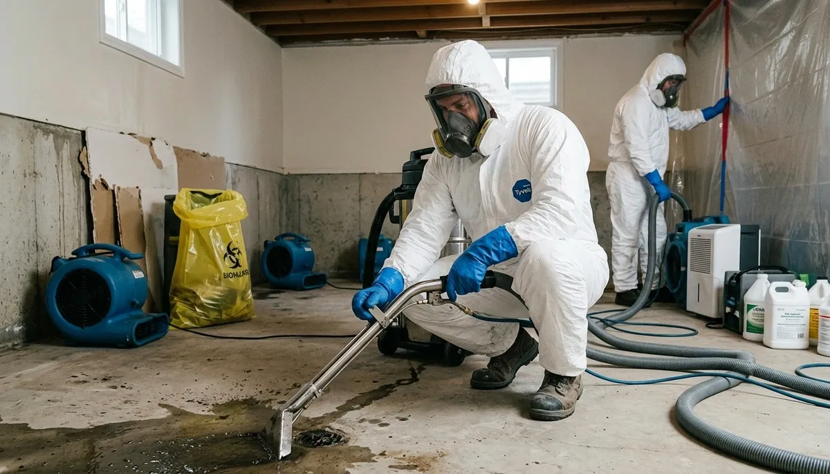 Akron, OH sewer backup cleanup team removing wastewater from a flooded home during emergency service