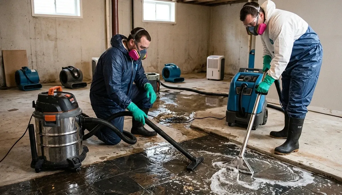 Sewer backup cleanup crew serving Akron, OH homes with water extraction and sanitation