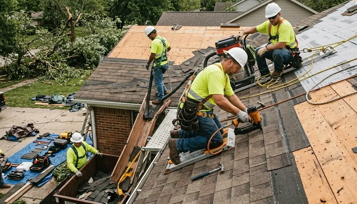 Storm damage restoration crew serving Akron, OH homes after flooding and wind damage