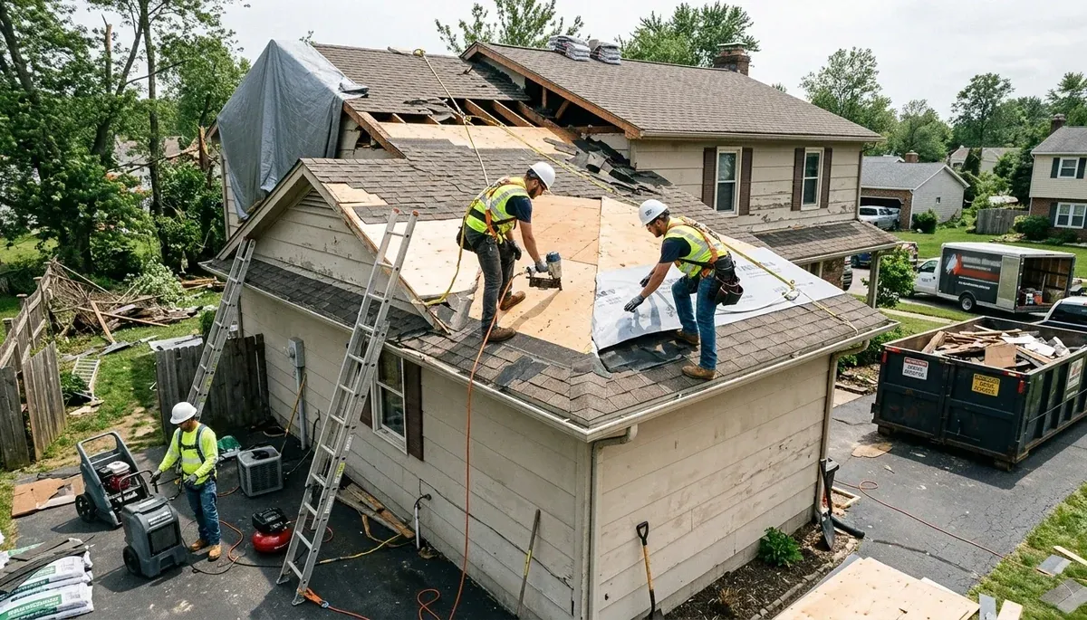 Storm damage restoration crew serving Akron, OH homes after flooding and water damage
