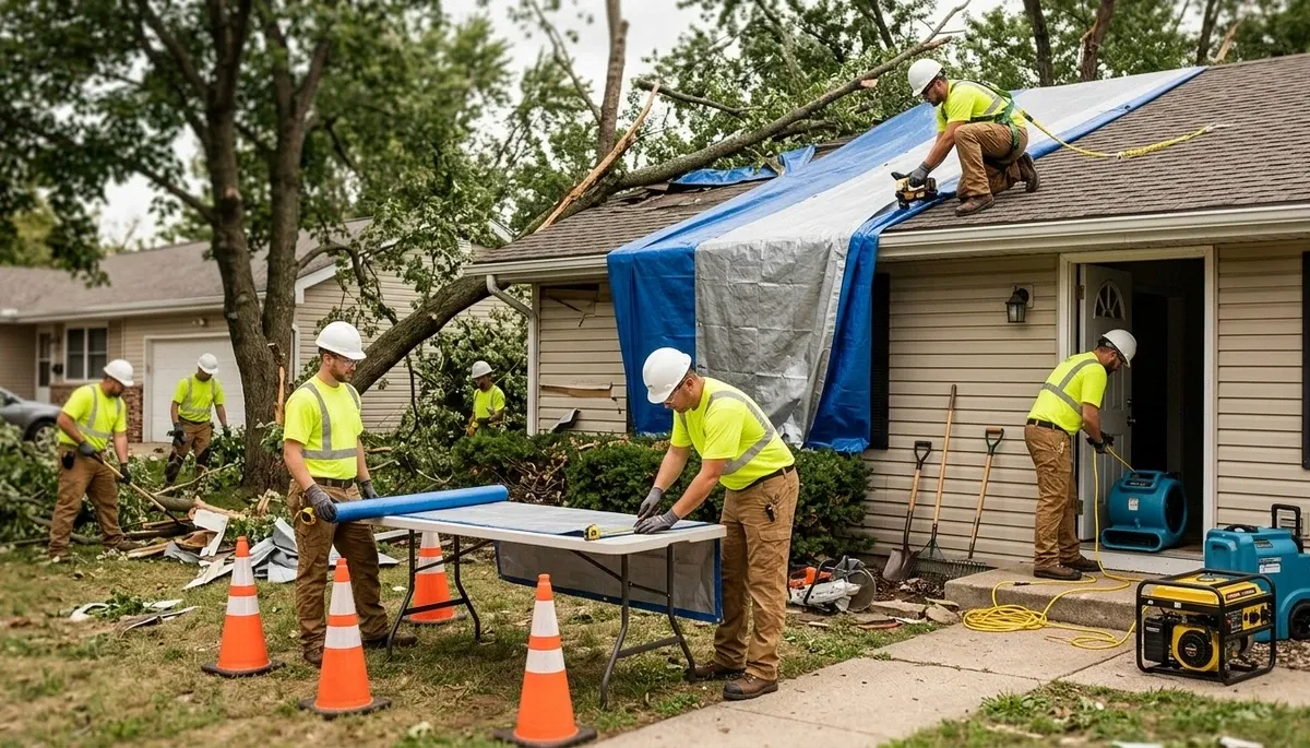 Storm damage restoration crew serving Akron, OH homes with water extraction and repairs