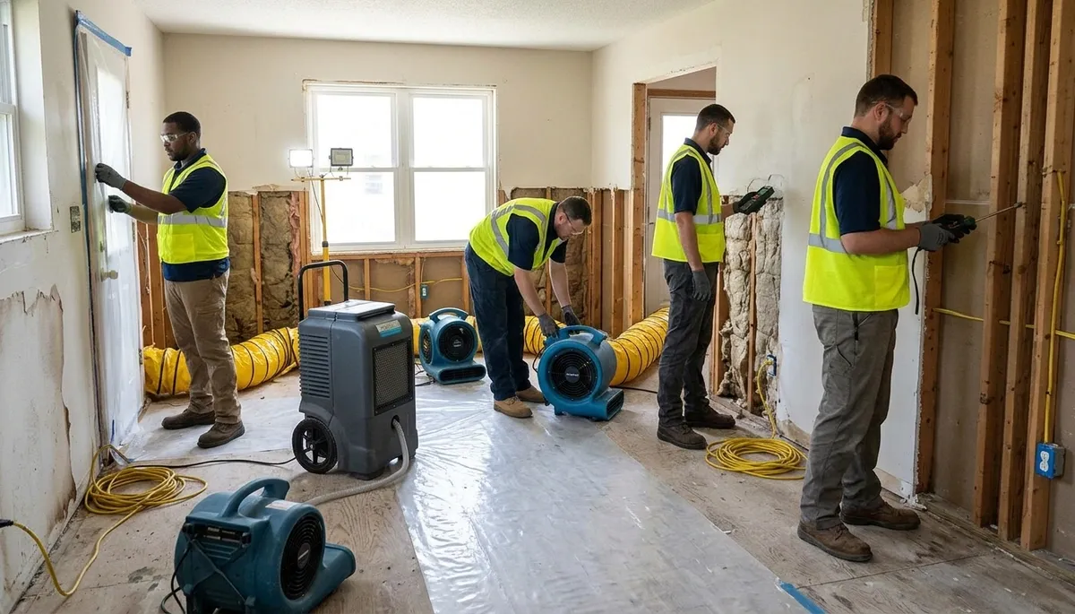 Akron, OH water damage technician performing structural drying in a home