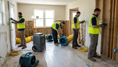 Akron, OH water damage technician performing structural drying in a home