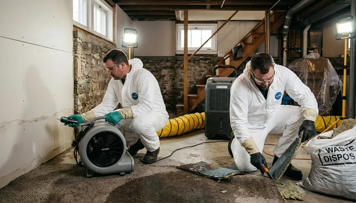 Water damage restoration team in Akron, OH helping with emergency cleanup and drying