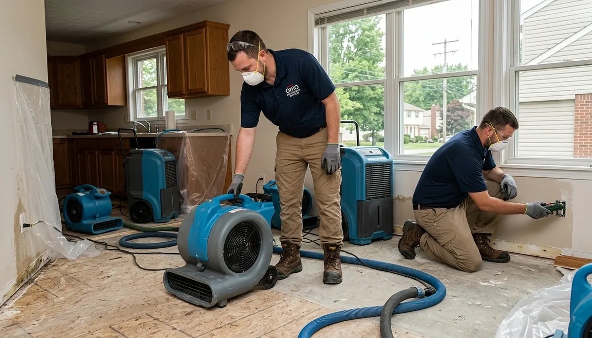 Water damage restoration team in Akron, OH assisting a local business property cleanup