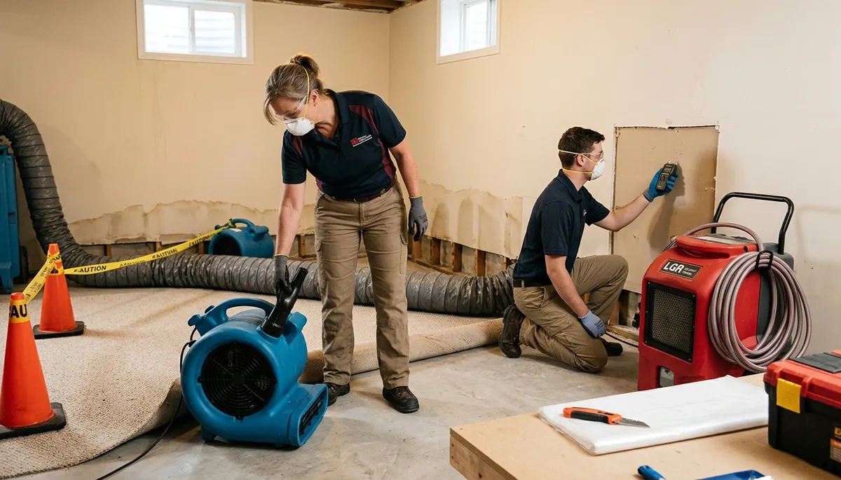 Water damage restoration team in Akron, OH inspecting flood damage in a home