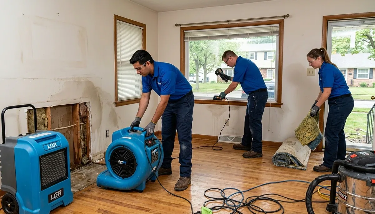 Water damage restoration team in Akron, OH inspecting a flooded home for cleanup and repairs