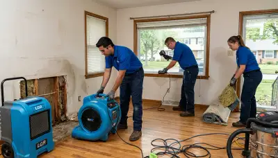Water damage restoration team in Akron, OH inspecting a flooded home for cleanup and repairs